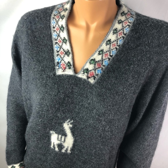 Alpaca wool gray v-neck warm knit sweater border L - Picture 2 of 8